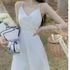 Vestido Largo Blanco Sexy de Estilo Francés 2024, Espalda Descubierta, Lazo, Tirantes, Para Mujer, Verano, Vacaciones en la Playa, Elegante
