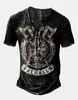 Camiseta Divertida tipo Burlón Talla Grande con Estampado de Runas de Cuervo Vikingo Lavado Retro Cuello Henley Manga Corta
