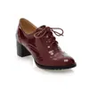 AliExpress wish sapatos de comércio exterior primavera e outono renda oca salto grosso cadarço sapatos de couro envernizado tamanho 33-43 sapatos femininos