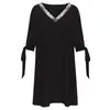 Vestido elegante de tamanho grande com lantejoulas europeias e americanas, decote V, costura em cor sólida, cadarço, chiffon, ombro a ombro