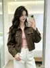 Chaqueta retro de solapa Maillard, nuevo estilo callejero de moda, cuello de PU, chaqueta corta entallada