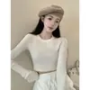 Camiseta feminina cinza justa de manga comprida, blusa básica para mulheres, top cropped curto justo de outono, mostrando o umbigo, peça íntima de tricô para mulheres baixinhas
