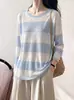 Camisa protectora solar de manga larga a rayas holgada estilo coreano de seda helada para mujer, prenda exterior fina de verano, top casual para aire acondicionado