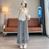 Calça Casual Xadrez de Design Estilo Coreano para Mulheres, Novo Estilo de Verão, Cintura Alta Elástica, Calça Reta Wide-Leg Cropped