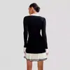 Falda de Punto con Volantes y Correa de Lazo Europea y Americana Transfronteriza, Vestido Pequeño Fragante con Botones de Perla en Bolsillo