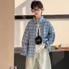 Camisa de Cuadros para Niños, Estilo Primavera y Otoño, Estilo Coreano Holgada de Manga Larga para Niños con Cuello, Top Versátil para Niños Mayores