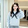 Conjunto de Dos Piezas Otoñal Estilo Universitario para Estudiantes de Secundaria: Sudadera con Cuello Marino, Lazo y Pantalones de Mezclilla de Pierna Ancha