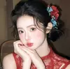 Novo adorno de cabeça nupcial estilo chinês, roupão de manhã, grampo de cabelo com flor artificial vermelho e azul retrô, acessório elegante para cerimônias de brinde, acessório feminino de alta qualidade