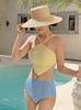 Traje de Baño para Fuentes Termales para Mujer, Gama Alta, Pura Pasión, Colores Contrastantes, Cintura Alta, Cubre la Piel, Aspecto Adelgazante, Pecho Pequeño, Cuello Halter, Bikini con Banda para el Vientre