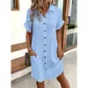 2025 Aliexpress Wish Amazon Verano Caliente Vestido Sencillo de Cuello en V con Botones de Color Puro para Mujer Ropa para Mujer de Exportación