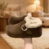 Medias zapatillas estilo Birkenstock con forro polar para otoño e invierno para mujer, pantuflas esponjosas de punta cerrada con lazo retro, zapatillas de algodón perezosas para exteriores
