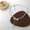 Cadena de Clavícula de Perlas Collar para Mujer ins Collar Pequeño de Perlas Hecho a Mano con Lazo Collar