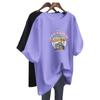 Camiseta de algodón de verano nueva, de cuello redondo, de largo medio, holgada, de manga corta, versátil, de talla grande, adelgazante, a la moda, con estampado de chica gordita para mujer