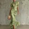 2026 Nuevo Estilo Vestido Largo Estampado de Manga Abullonada Estilo Francés Ajustado Moda Transfronteriza Europea y Americana Vestido Plisado