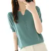 Camiseta de Punto Fina de Manga Corta Holgada con Cuello en V para Mujer 2024 Versátil Ajuste Delgado Top de Botones Moda de Verano para Mujer Top de Manga Corta