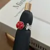 Anel Aberto Estilo Fada Doce Feminino Luxo Leve Esmalte Vermelho Flor Rosa Borboleta Zircônia Pérola Folha Anel Super Brilhante para Mulheres