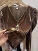 Elegante Camisa Francesa para Mujer Primavera Diseño de Alta Gama Top Corto de Terciopelo Dorado Manga Larga Cuello en V Camisa de Manga Abullonada