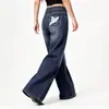 Pantalones de pierna ancha con patrón oscuro en relieve de alta resistencia, estilo europeo y americano transfronterizo, con bordado de mariposas, lavado desgastado, corte holgado, largos hasta el suelo, estilo urbano
