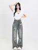 Sentido del Diseño Jeans Rotos de Nicho para Mujer Verano Nuevo Estilo Americano High Street Cintura Alta Pantalones Rectos Adelgazantes para Mujer