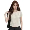 Cardigan de encaje tejido chic estilo francés, camiseta de manga corta para mujer, atuendo de verano ligero y sofisticado, top fino único y hermoso