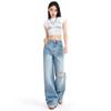 SS & Jeans Rotos Retro Americanos Pantalones Rectos Slim de Cintura Alta Sueltos para Mujer Pantalones Casuales de Trapeador Pantalones Azules