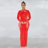 C6266 Aliexpress Amazon Moda Europea y Americana Ropa para Mujer Malla Transparente Pedrería Manga Larga Vestido Largo con Forro Conjunto de Dos Piezas