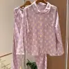 Pijama de duas camadas de gaze com estampa de patinho roxo, lapela, manga longa e calça longa para mulheres, conjunto fofo de algodão em gaze, modelagem solta para casa