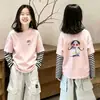 Roupa infantil camiseta de manga comprida para crianças médias e grandes algodão puro menina outono listrada retalhos camisa base camada roupa de outono infantil falsa de duas peças