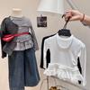 Camiseta de manga larga para niña, estilo coreano, de moda y con encaje dulce, para primavera y otoño.