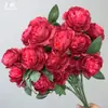 Peônia Artificial de Caule Único com Três Flores e Folhas para Decoração Externa, Flores de Casamento, Arranjos Florais de Casamento e Montagem de Cenário