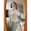 Top Base de Punto Texturizado Blanco de Cuello Redondo y Manga Larga para Mujer Otoño Invierno Nuevo Ajustado Plisado Top Interior de Suéter