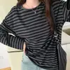 Venta al por mayor de fábrica otoño e invierno Nuevo cuello redondo a rayas holgado talla grande chica rellenita manga larga camiseta top casual versátil para mujer