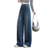 Jeans femininos de outono de cintura alta com controle de barriga, perna larga, corte reto, caimento solto, com efeito de drapeado, valorizam a silhueta e a altura, calças de perna larga com corte curvo