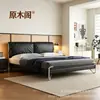 Bauhaus Piel de Vaca Capa Superior Almacenamiento Respaldo Doble Tapicería Suave Cama Doble Minimalista Estructura de Cama de Acero Inoxidable Muebles para Apartamento Hotel