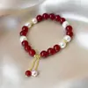 Pulsera de cristal de ágata roja de doble capa para mujer, pulsera exquisita de nicho de lujo ligero vintage con un toque de alta gama