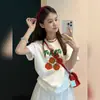 Elegante Divertido Estampado de Tomate Casual Manga Corta Verano para Mujer Único Holgado Hombro Derecho Cuello Redondo Top Camiseta de Algodón Puro Moderno