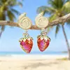 Aretes de Corazón de Tres Capas Rosa Barbie Súper Brillantes Estilo Océano Ins con Estrella de Mar y Concha de Acrílico Aretes del Día de San Valentín