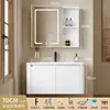 Tocador de baño engrosado y ahorrador de espacio con diseño en color crema, que cuenta con un lavabo redondeado, lavabo cerámico integrado y un lavabo de una sola pieza.
