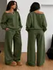 Nuevo Conjunto de Dos Piezas Holgado Europeo y Americano Hombros Descubiertos Otoño e Invierno para Mujer Color Sólido Básico Casual Manga Larga Conjunto Estación Independiente No