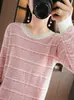 Estilo Novo Primavera e Outono 100% Algodão Tricô Gola Redonda Versão Coreana Simples Cor Contrastante Listrado Manga Longa Moda Blusa Feminina