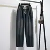 Foto Real de Calças de Outono de Perna Reta Estreita Perna Larga Foice, Tamanho Grande Simples Elástico na Cintura Cordão Calça Banana para Mulheres