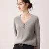 Suéter 100% Cachemir Puro para Mujer de Tres Botones con Cuello en V Simple para el Trabajo de Manga Larga Jersey de Punto Suave con Cuello Medio Abierto