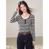 Casaco feminino de manga comprida listrado, falso duas peças emendado, para outono inicial, suéter super estiloso estilo coreano slim fit