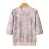 Suéter de Punto Nuevo Elegante para Mujeres de Mediana Edad y Mayores con Estampado Floral, Cuello Solapa, Mangas Tres Cuartos, Camiseta Fina Estilo Abuela