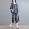 Traje de mezclilla para mujer Verano Nuevo Suelto Delgado Talla Grande Cubre Grasa mm Moda Retro Bordado Casual Conjunto de dos piezas