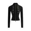 Chaqueta de Manga Larga con Hebilla Metálica Retro Estilo Napoleón para Mujer Otoño Chica Atrevida Adelgazante Caqui Cuello Alto Cremallera Top