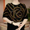 Camiseta Retrô Moderna com Estampa 3D de Camélia, Manga Curta, Verão, Solta, Manga Raglan, Emagrecedora, Gola Redonda, Top 7368#