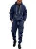 Conjunto de sudadera con capucha de color liso, cuello redondo, corte holgado, manga larga y pantalón de chándal para hombre, europeo y americano, transfronterizo