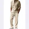 Traje de Lino para Hombre de Primavera y Otoño Casual Holgado Transpirable Algodón y Lino Manga Larga Pantalón Largo Traje de Dos Piezas Camisa de Playa