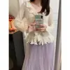 Blusa de Lã Slim com Gola Franzida e Manga Sino Redutora de Idade Francesa Feminina Branca Tamanho Único Preto Damasco